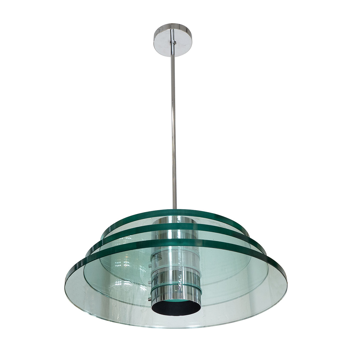 Space age polished nickel and glass pendant