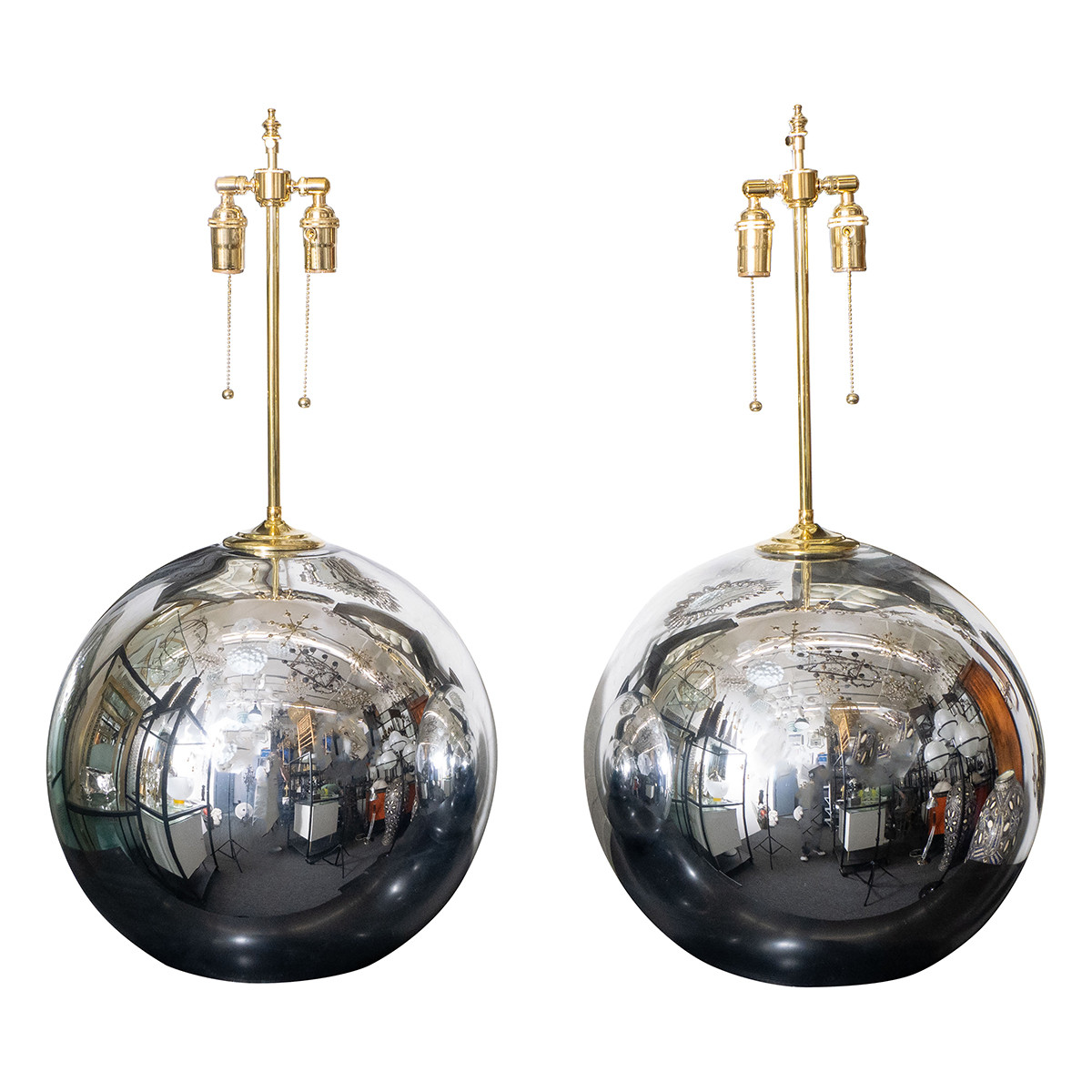 Pair of large spherical mercury glass lamps